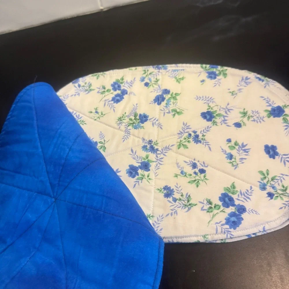 Handmade Quilted Placemats Set of 4 Blue Floral Reversible Oval Table Mats